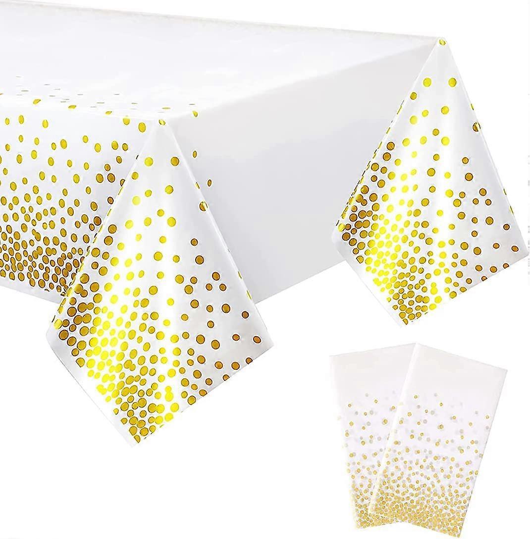2 Disposable Tablecloths, White and Gold Dot Rectangle Party Tablecloths for Birthday Parties, Picnics (137 x 274 cm)