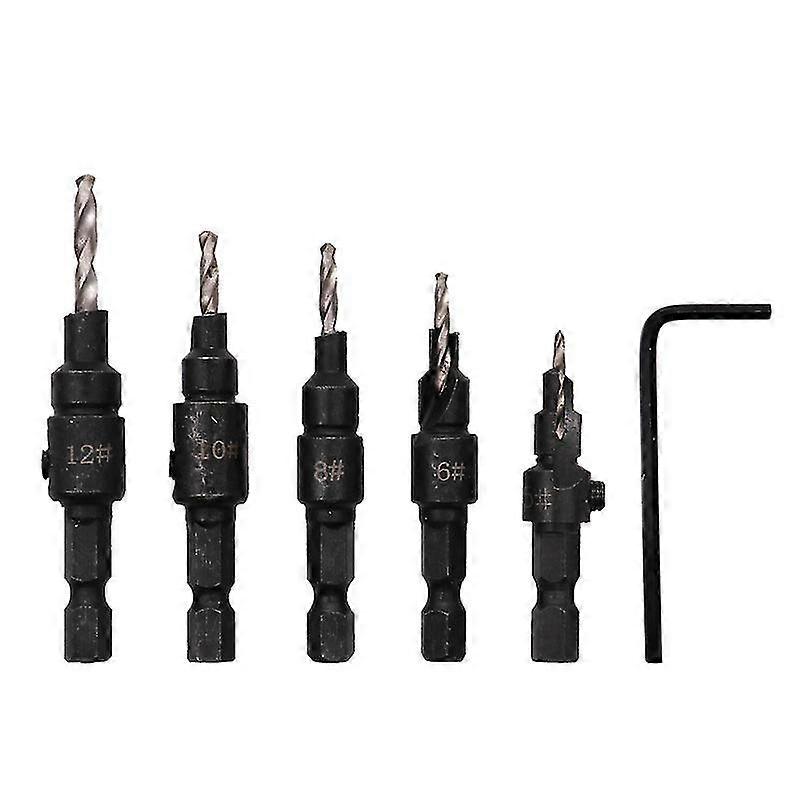 6pcs hss hex shank bits, 5# 6#8#10#12 1/4" adjustable hole woodworking tool with hex key