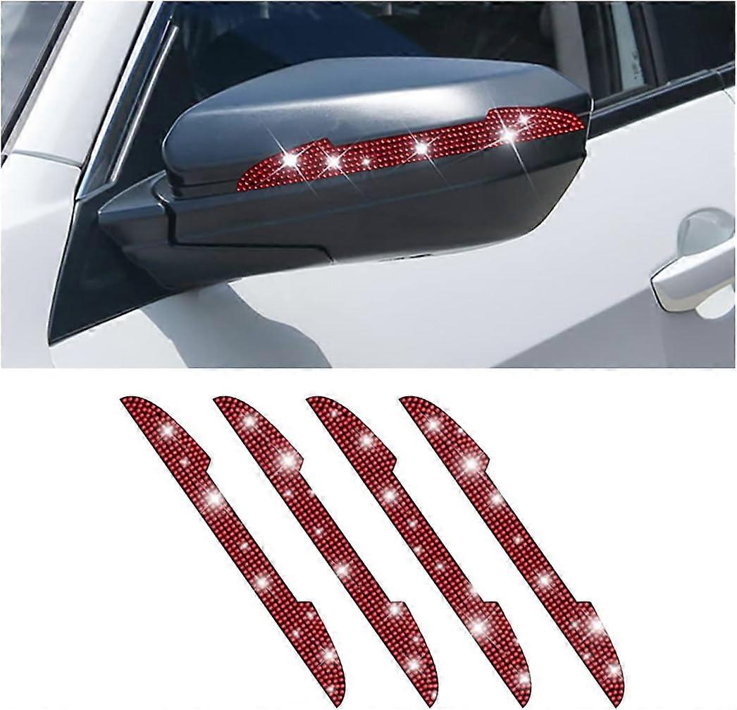 (Red)4 Pieces Rhinestone Handle Anti-Scratch Protection, Rhinestone Decoration Rearview Mirror Trim Strip, Glitter Car Stickers Door Anti-Collision Un