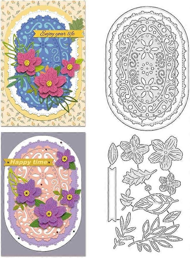 2Pcs Oval Flower Background Embossing Cutting Dies Metal Flower Leaf Die Cuts Embossing Stencils Template for Paper Card Making Decoration DIY Scrapbo