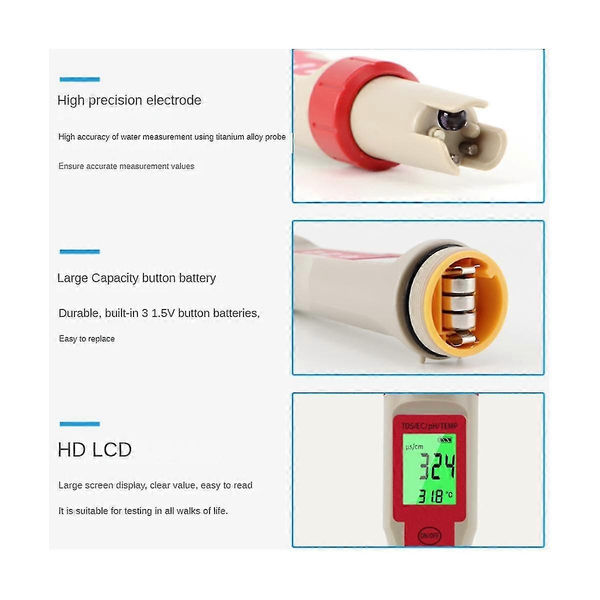 4-in-1 Digital Water Quality Tester Ph/tds/ec/temperature Meter For Pools Aquariums Drinking Water