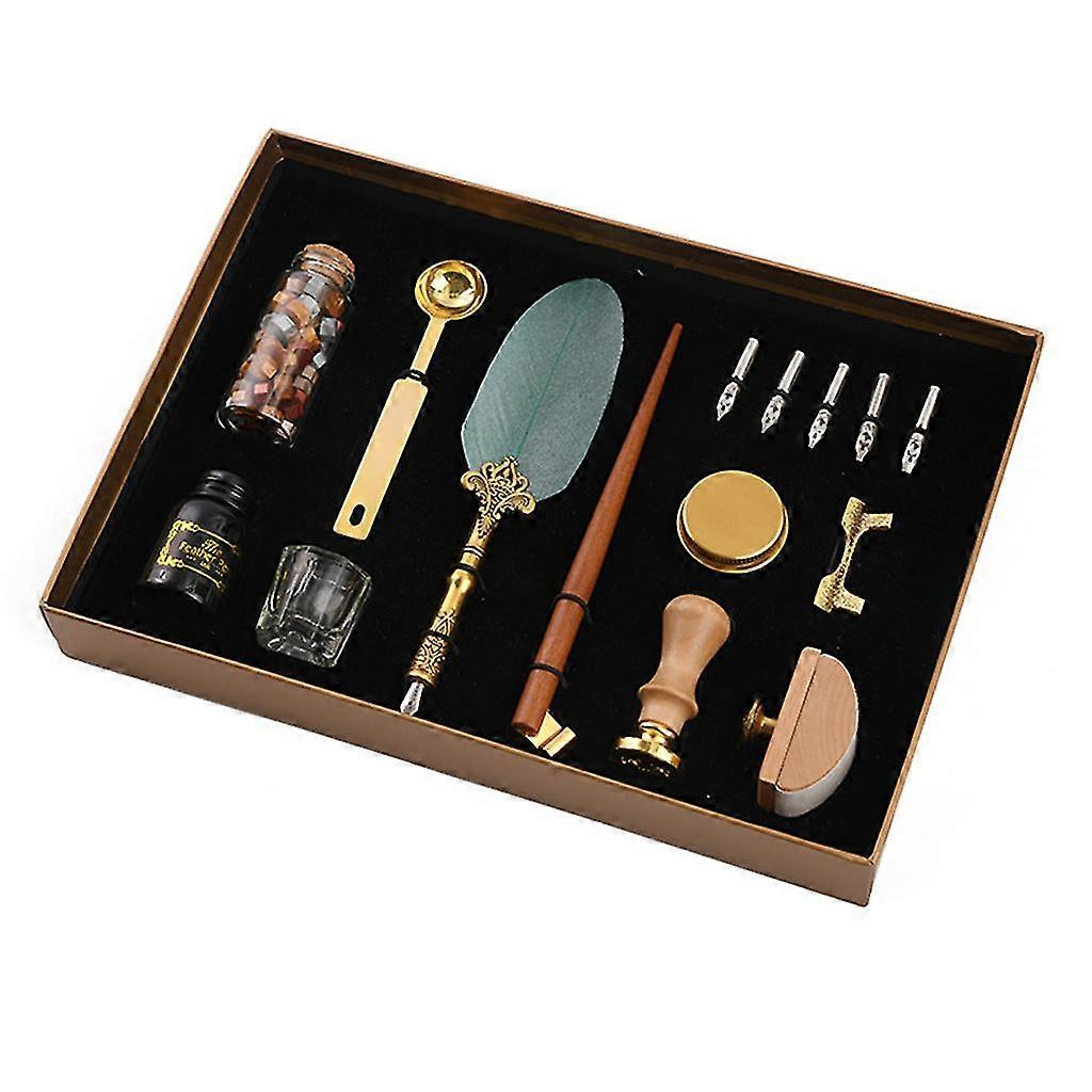 Retro Calligraphy Quill Feather Dip Pen Th Nibs Wax Seal Stamp Holder Gift Box