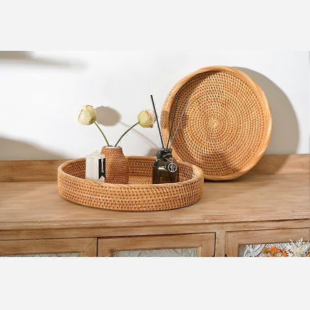 Rattan Round Serving Tray, Handwoven Wicker Tray Rattan Serving Tray Rustic Decorative Serving Tray for Breakfast Drinks Snacks Bread for Coffee Table