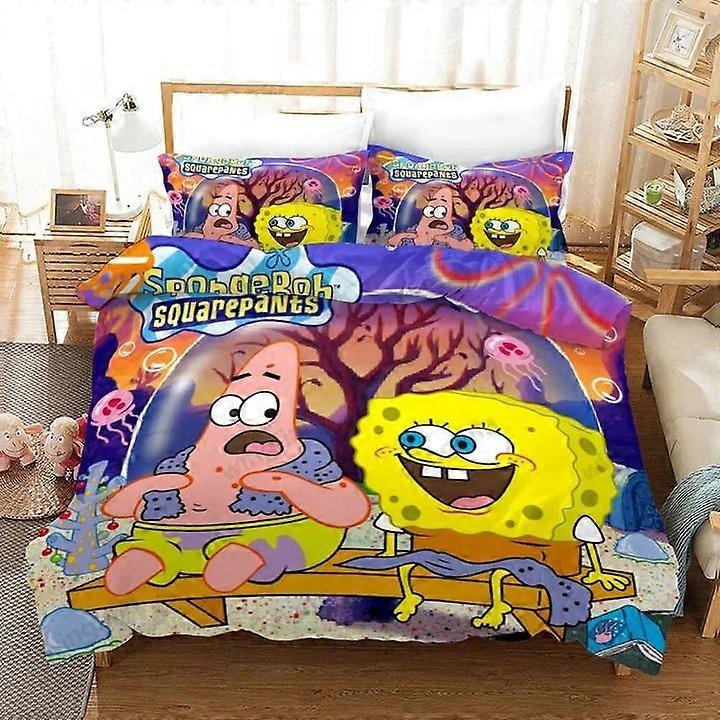 v1156 Lençóis Bob Esponja Calça Quadrada Dos Desenhos Animados Completo Roupa de Cama Conjunto de Capa de Edredão Conjunto de 3 Peças de Cama (1 Capa de Edredão + 2 Fronhas) y1156