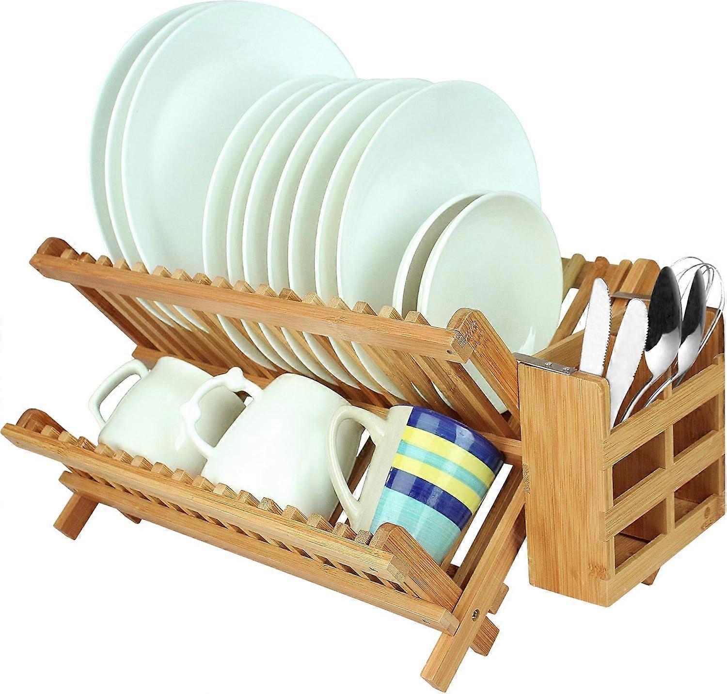 Bamboo Dish Drying Rack, Collapsible, Space-Saving, Eco-Friendly Kitchen Organizer for Dishes and Utensils