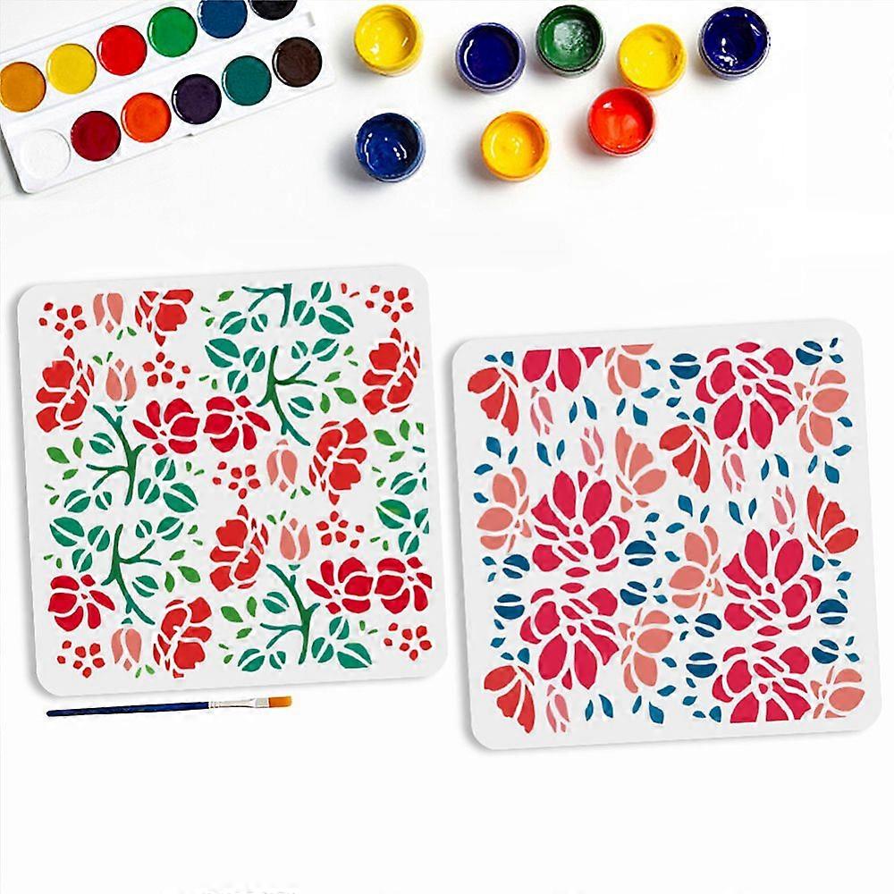 2Pcs PET Hollow Out Drawing Painting Stencils with 1Pc Art Paint Brushes Flower 300x300mm