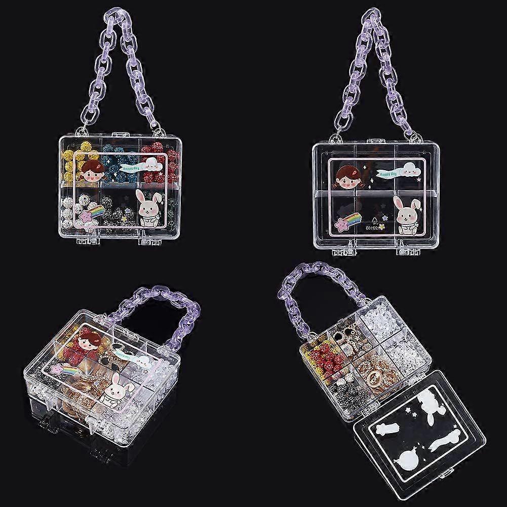 4pcs 4x4.1x1.2" Organizer Box with Dividers 6 Grids Clear Bead Container Bag-Shaped Plastic Bead Case Storage Box with Purple Chains for Jewelry Beads