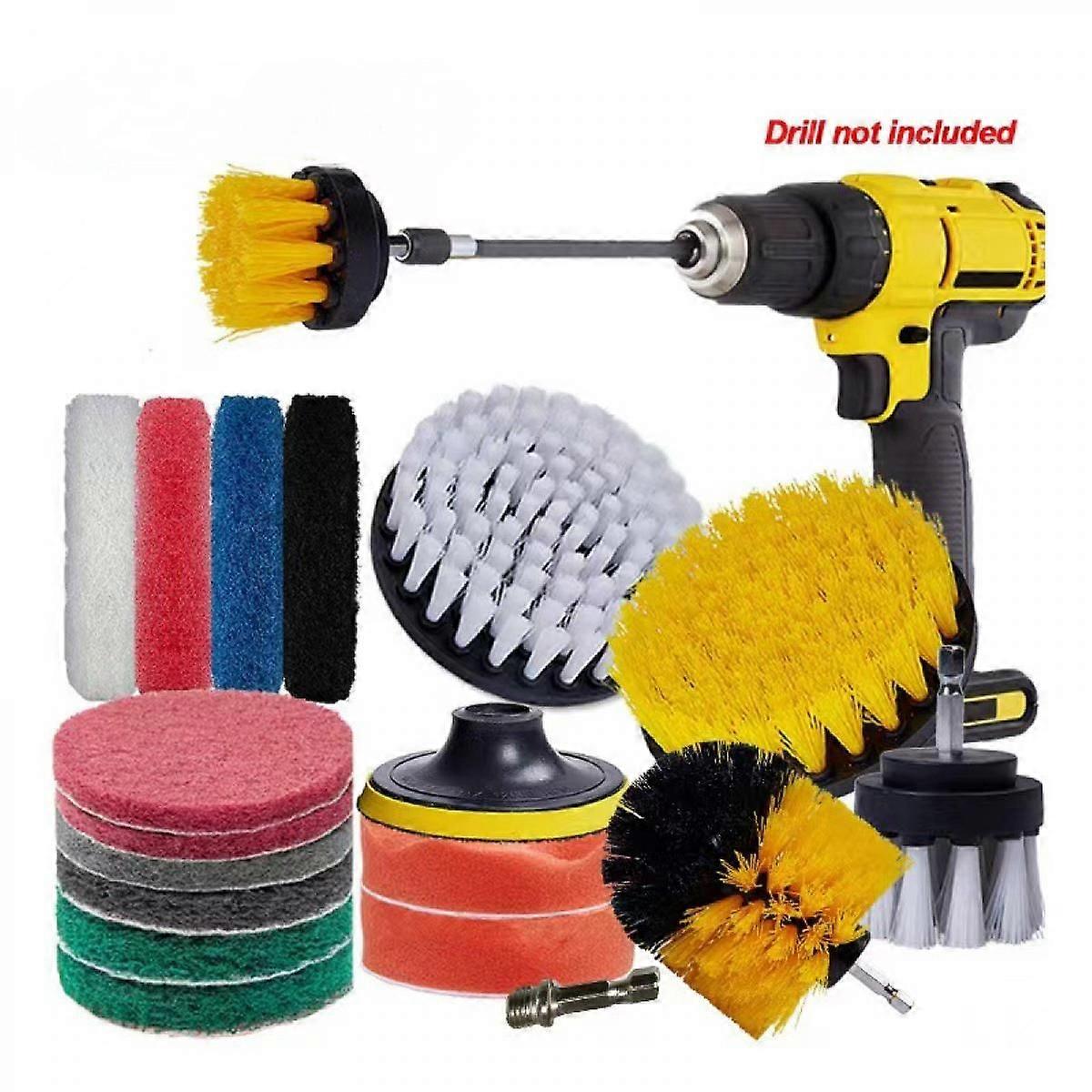 19PCS Drill Brush Attachments Cleaning Set, Scrub Pads Sponge, Power Scrubber Brush with Extend LongPurpose Clean