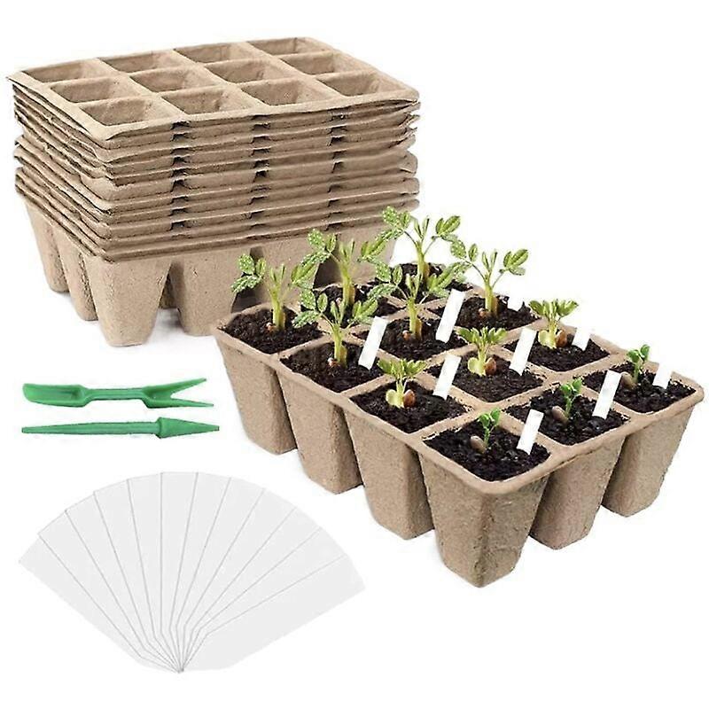144x Biodegradable Seedling Pots Seedling Trays, 12 Labels + 2 Seedling Trays