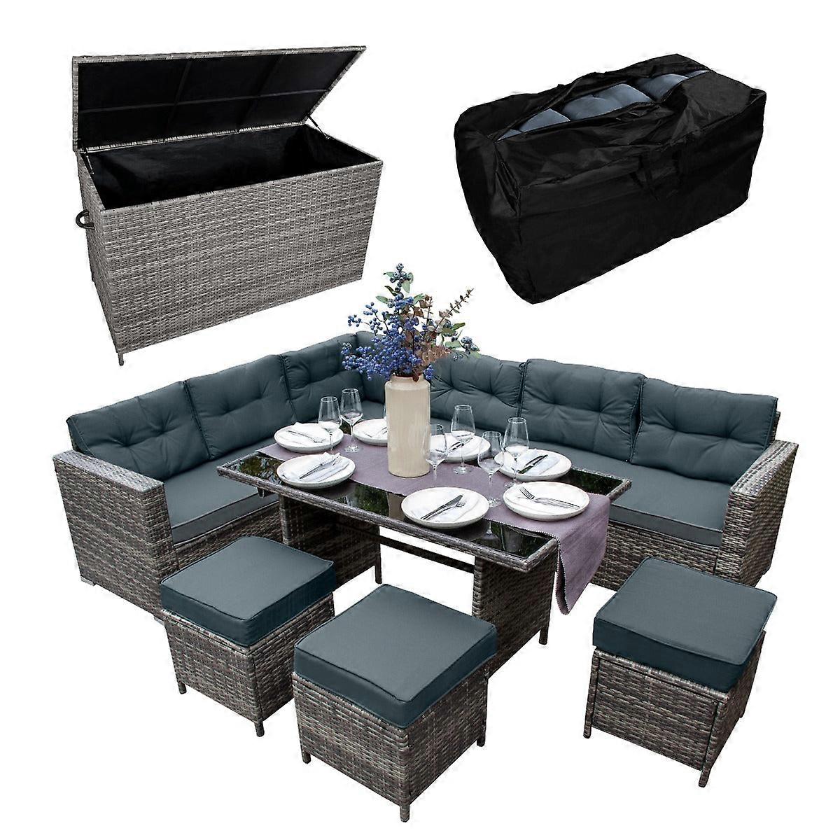 Rattan Corner Dining Set & Garden Storage Box Grey 9-Seater L Sofa Stools Glass Table Large Cushion