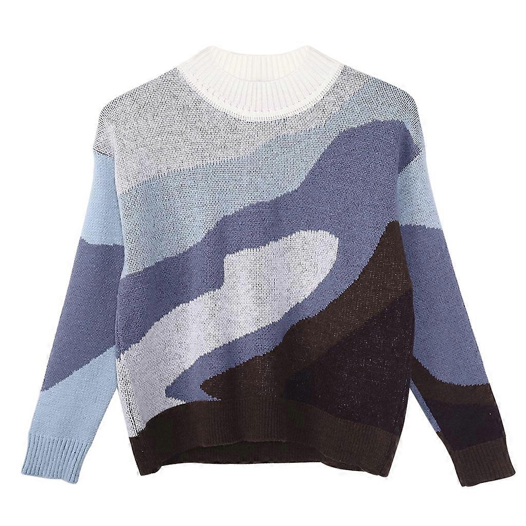 Damen Langarm Pullover mit O-Ausschnitt Kontrastfarbe Patchwork Strick Pullover Tops L