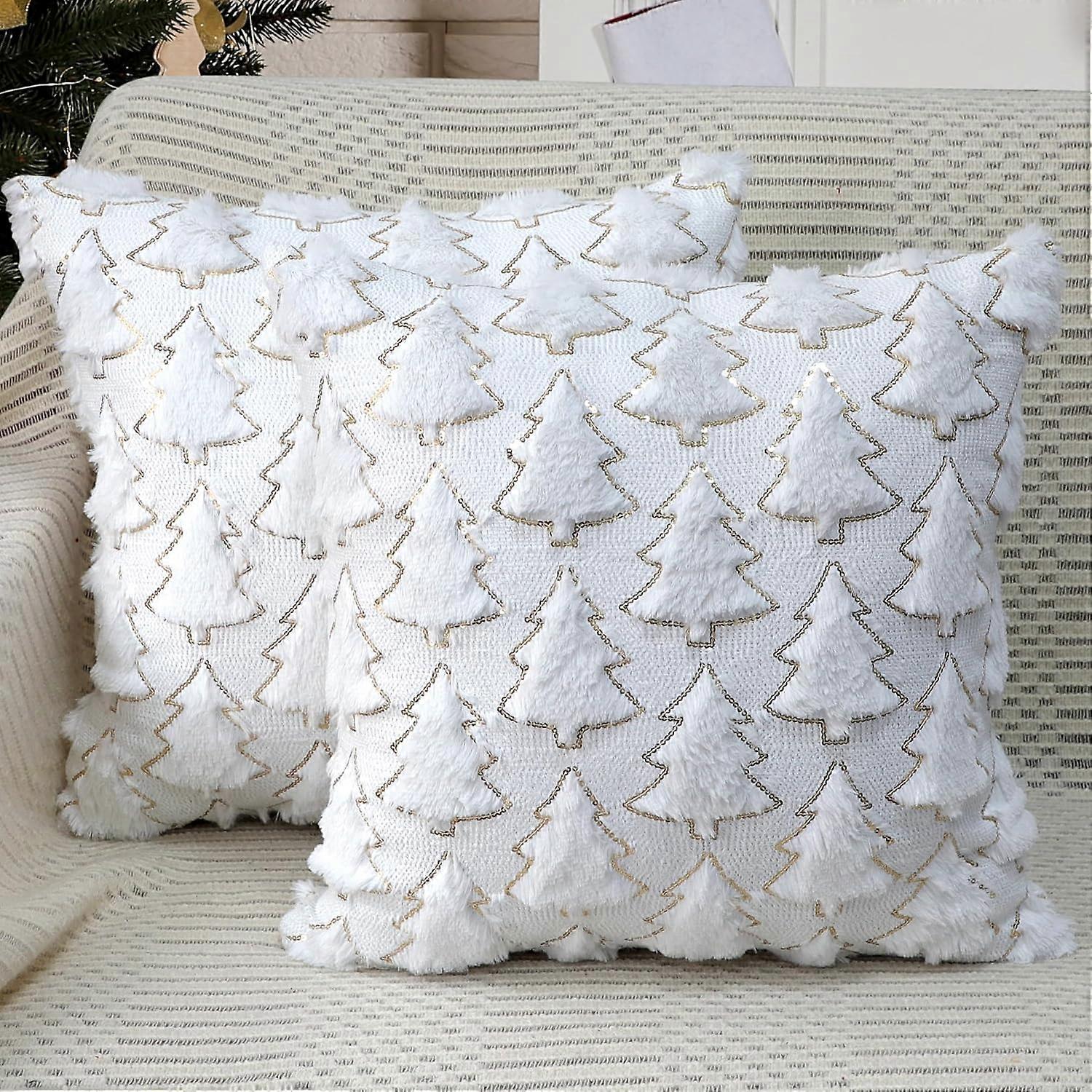 Christmas pillowcases 18x18 inches, set of two, white Christmas tree hug pillowcase, soft plush faux wool pillowcase