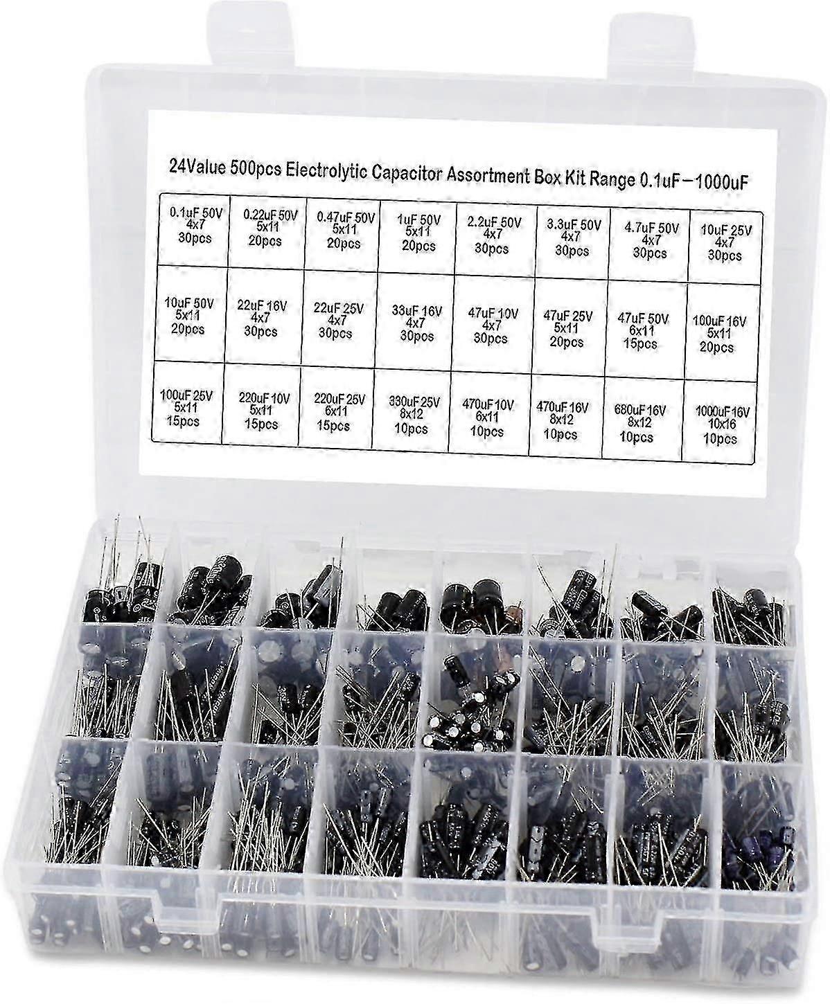 500 pièces Kit en aluminium Scope Electrolytic Capacitor Range Box contient 0.1uf-1000uf