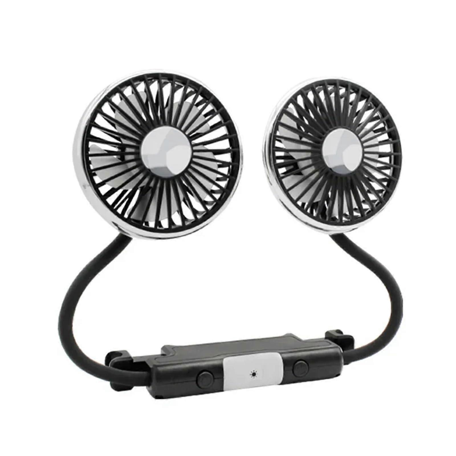 DualHead Car Fan with Flexible Hose and LED Light, 3-Speed USB Powered, 360° Rotatable Backseat Cooling for SUV and RV