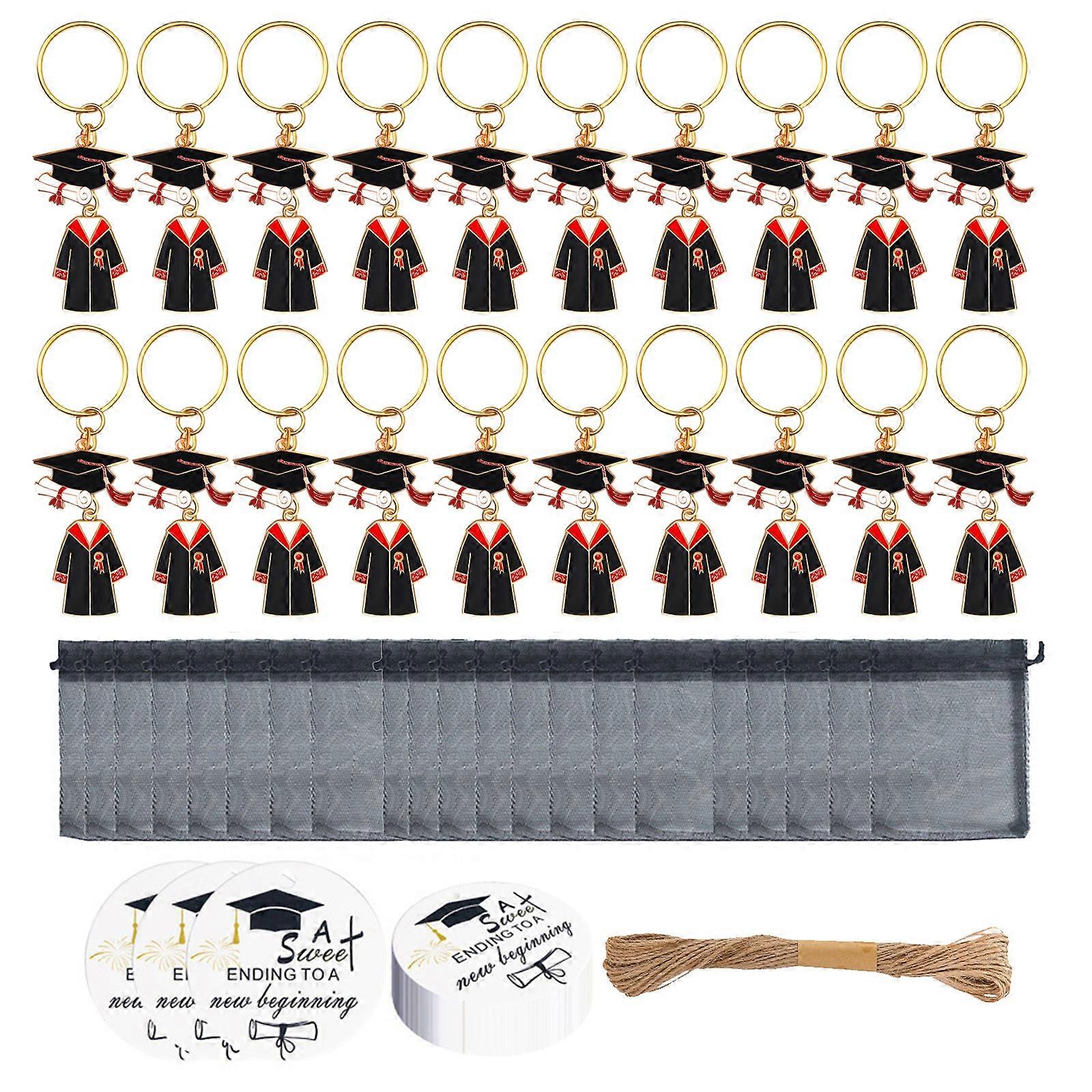 20pcs Academic Celebration Keychains With Gift Labels and Drawstring Pouches Graduation Theme Key Rings Accessories Multicolor