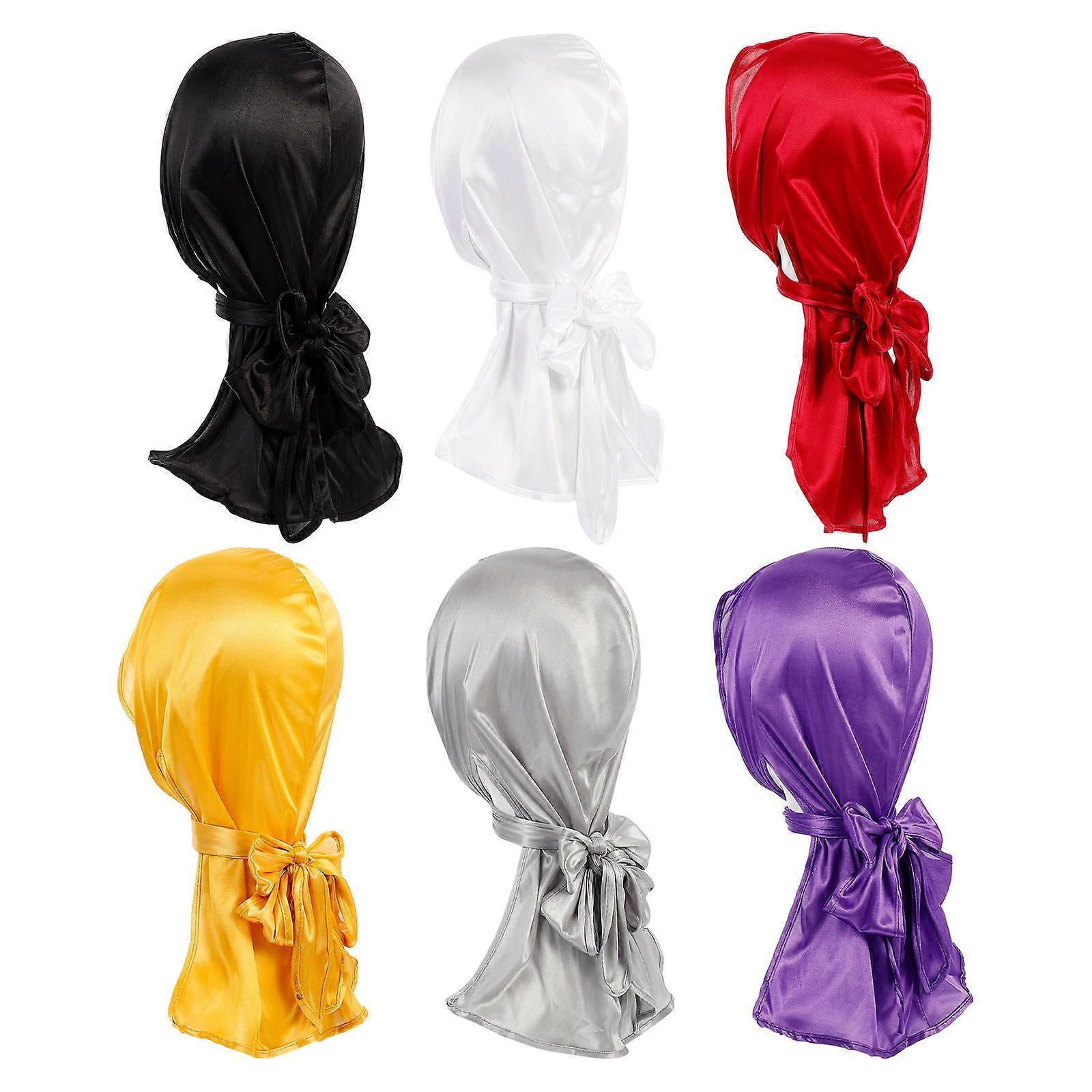 6PCS Multi Color Seta Pirata Turbante Turbante con Elastico Coda Lunga Design per Perdita di Capelli, Sonno e Copricapo Quotidiano per Uomini e Donne