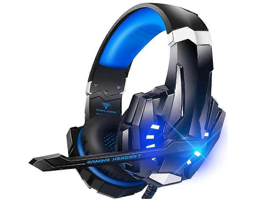 Stereo Gaming Headset, Noise Cancelling Over Ear Headphones with Mic, LED Light, Bass Surround, Soft Memory Earmuffs(Blue)