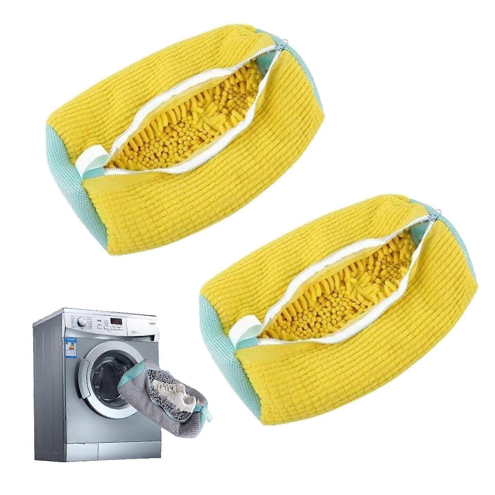 Shoe Washing Bag Set for Washing Machine, 2 Reusable Yellow Shoe Bags with Long Shoe Horn, Compatible with All Shoe Types and Sizes