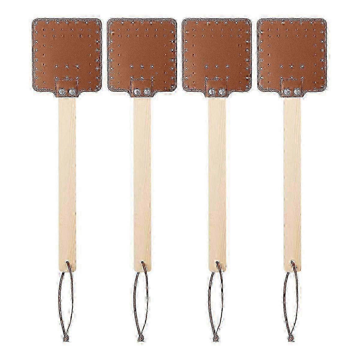 4 Pcs 17.3 Leather Fly Swatter with Wooden Handle - Durable Brown Bug Swatter for Effective Pest Control