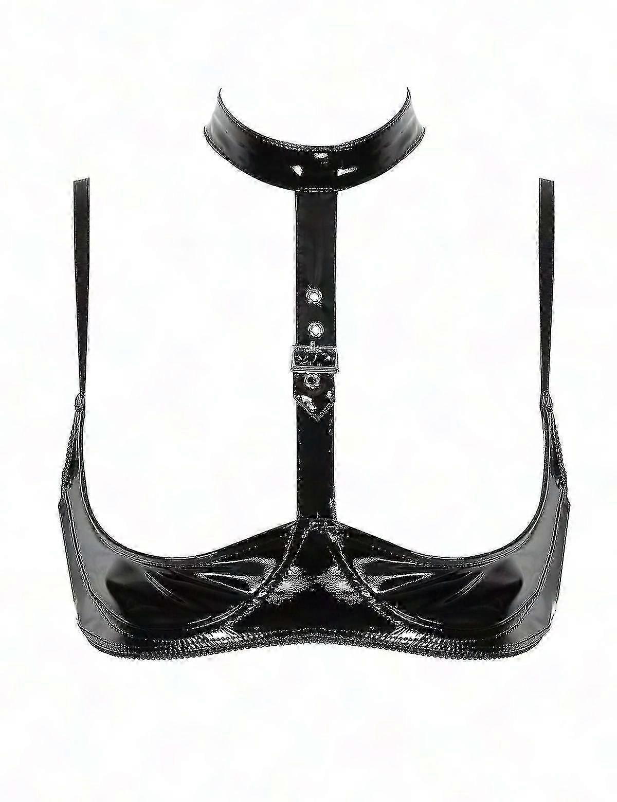 Otwoo Kvinnors Wet Look Lack Läder BH - Halterneck Öppen Bröst Underkläder Bralette, Bygelfri Hyll BH Topp