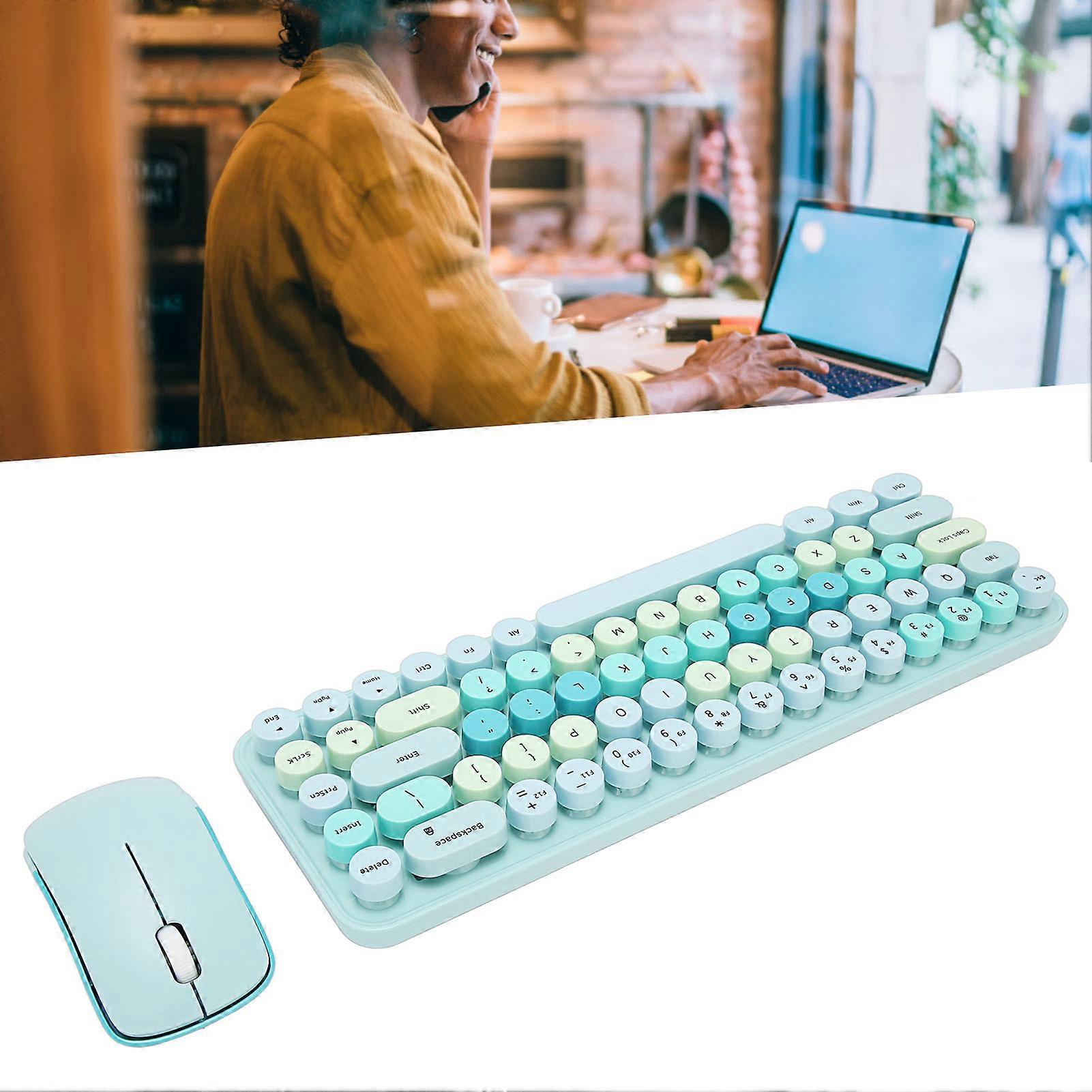 Keyboard Mouse Combo 2.4GHz Wireless Cute Retro 68 Round Keycaps 3 DPI Keyboard and Mouse for Family Office Gaming Blue Theme 