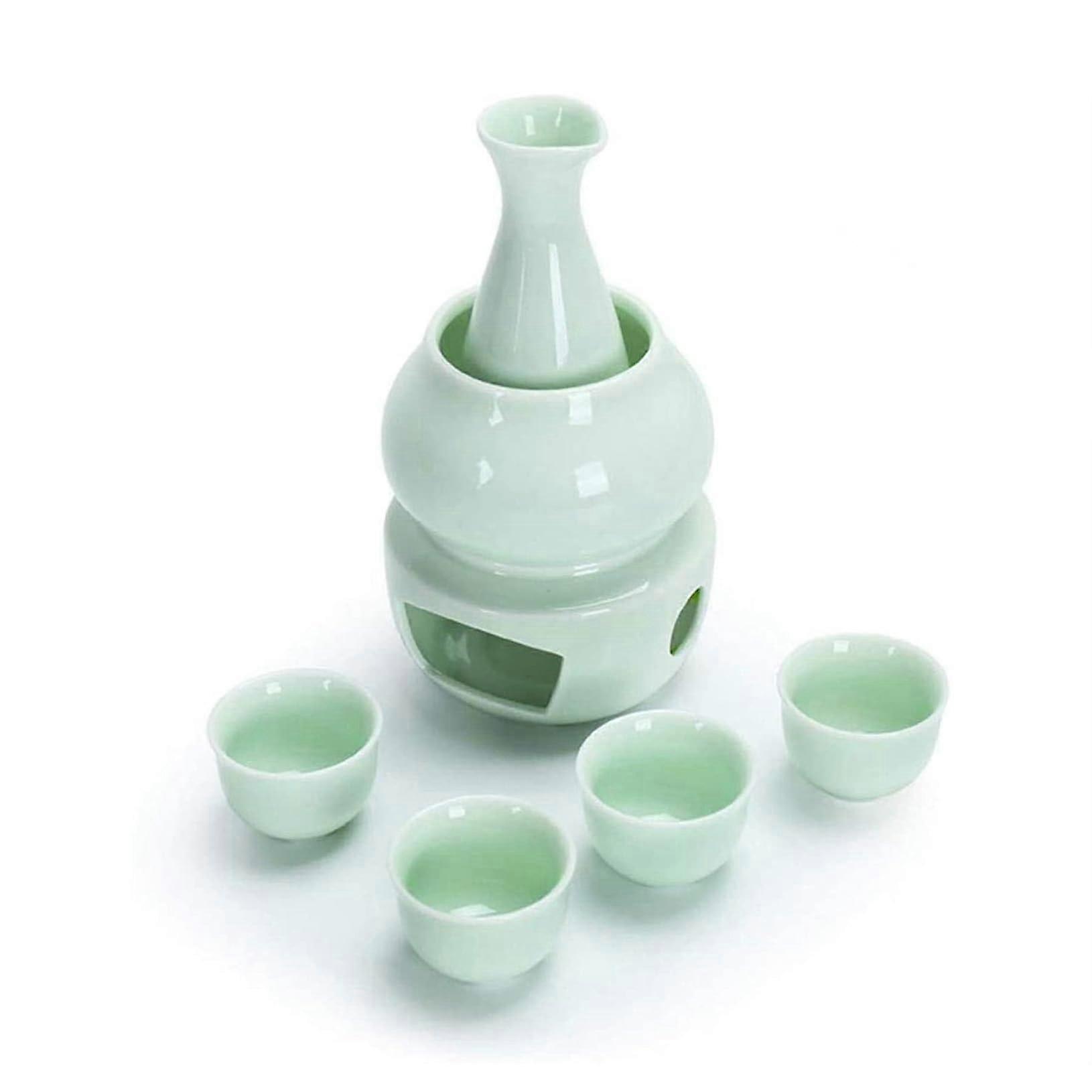 Old Fashioned Sake Set With Warmer Ceramic Celadon Hand Malt Design For 4 People Cyan