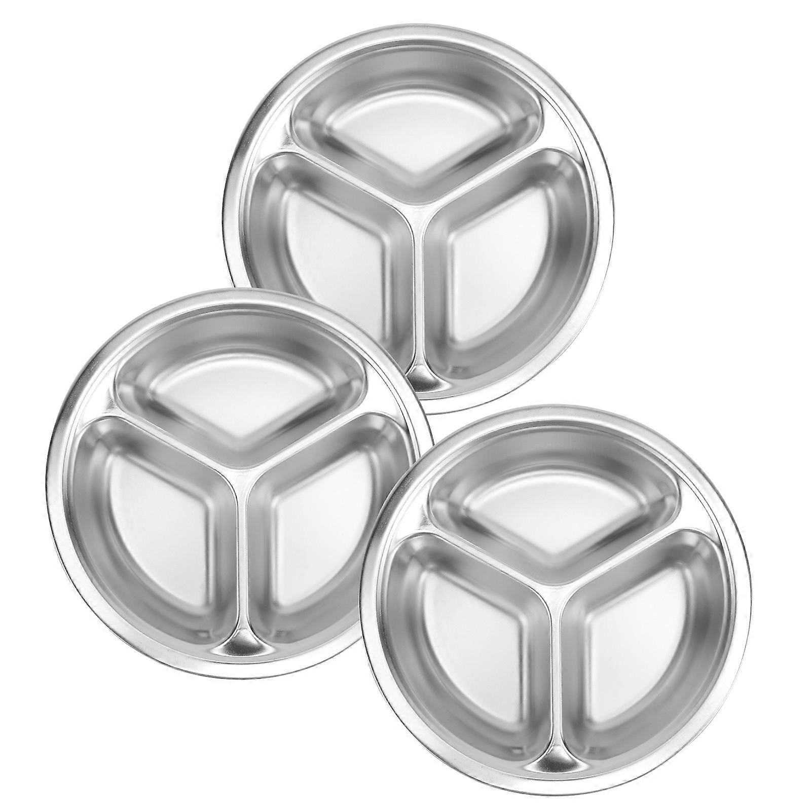 Divided Dining Plate Stainless Steel School Cafeteria 3 Grids Round Practical 3Pcs