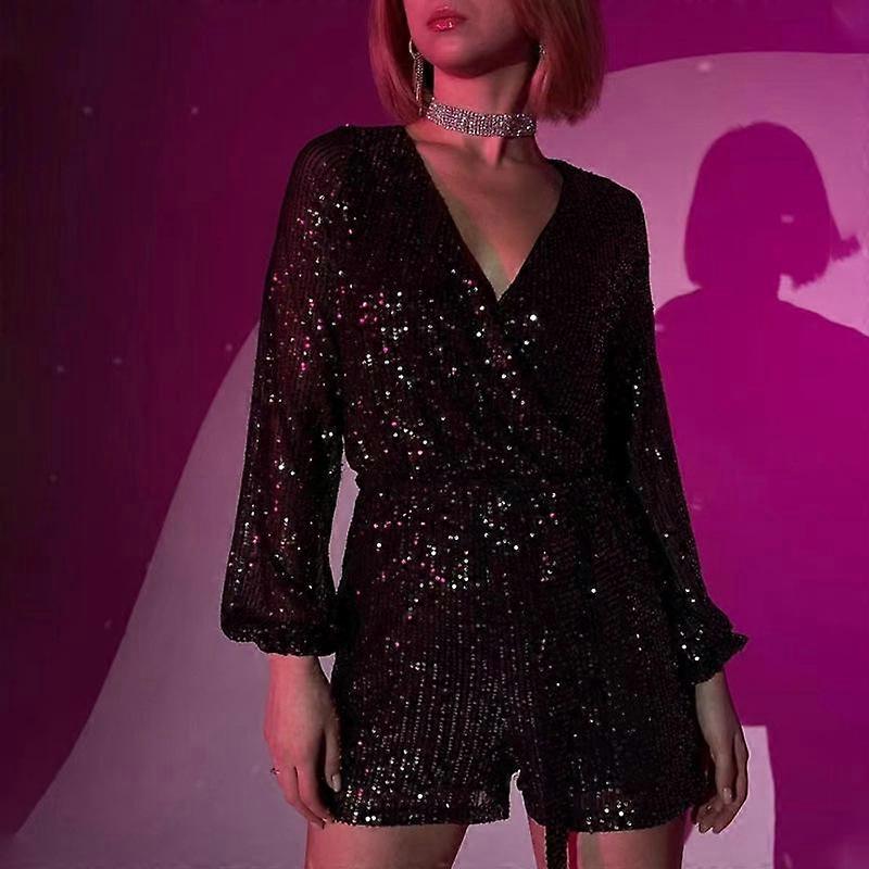 Women's Summer Sequins Long Sleeve Casual Short Jumpsuit