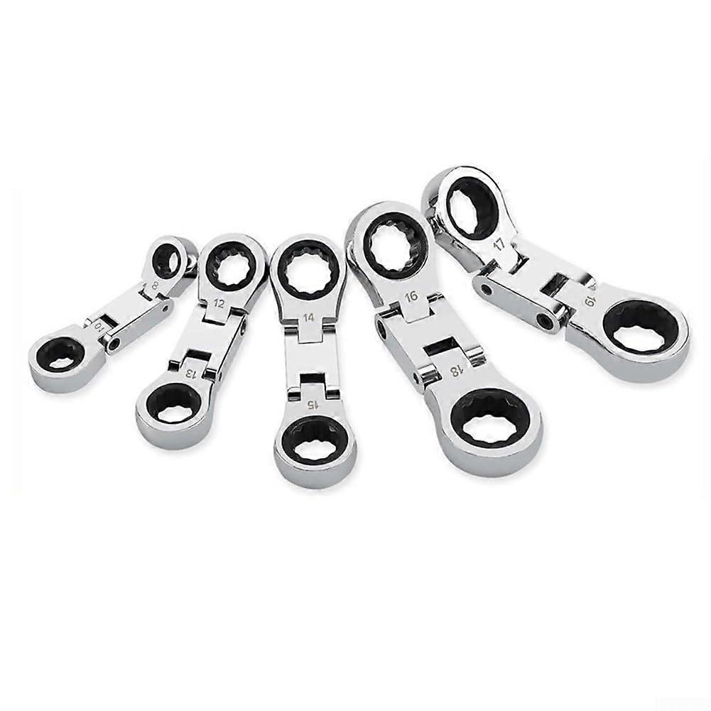 Ratchet Wrench Set, Metric Ring Spanners, 5-Piece Flexible Stubby Set, Double-Ended, 12-Point, 8-19 mm