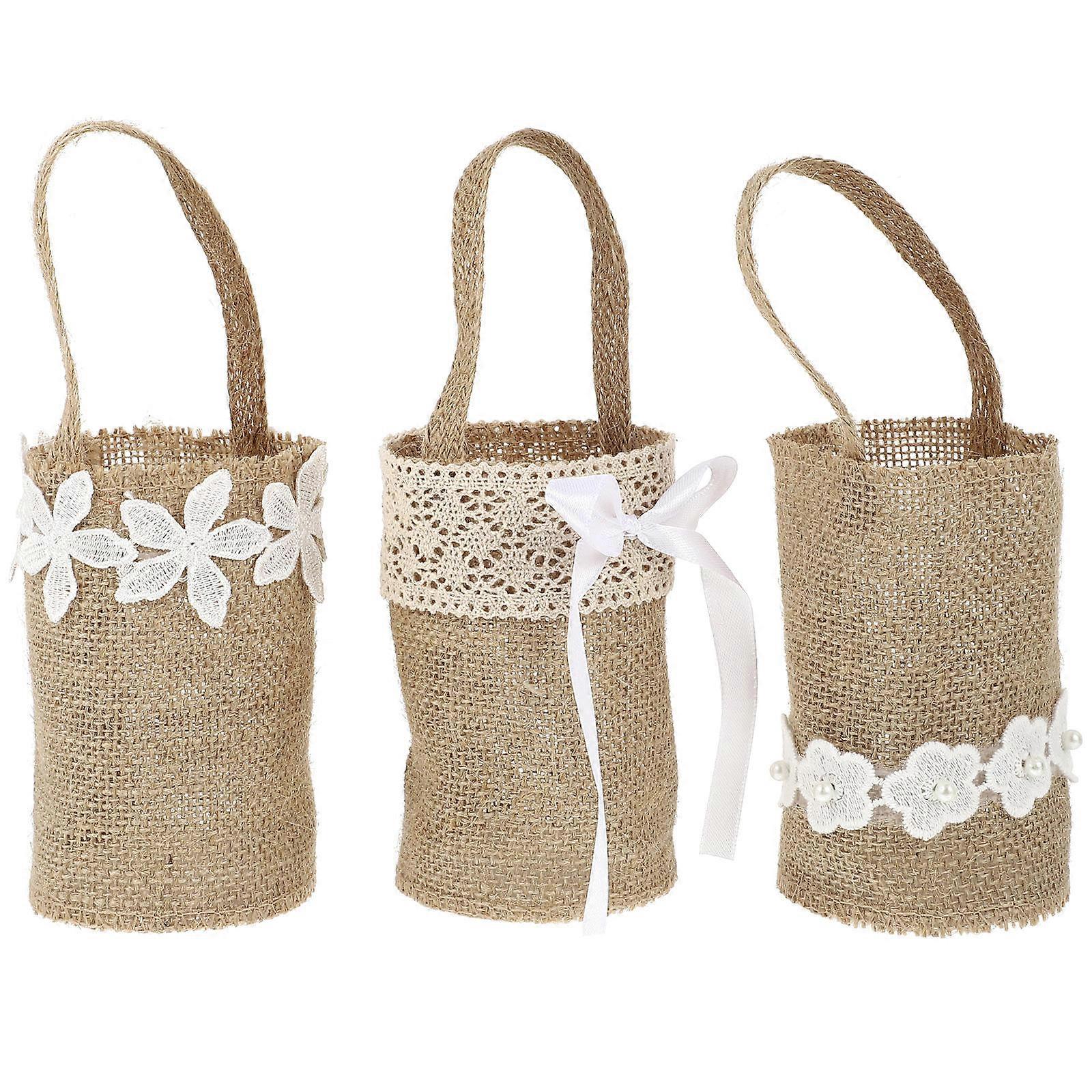 Handheld Burlap Flower Girl Baskets, Natural Linen Storage Baskets for Weddings, Parties, Events, Decorative Egg Storage, Attractive Design, 3pcs Set