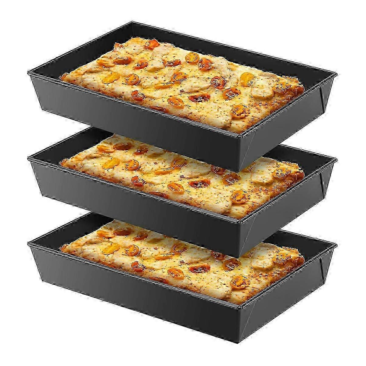 3-Piece Detroit Style Pizza Pan Set - Non-Stick Rectangular Sicilian Pizza Pans for Baking