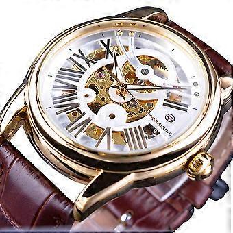 FORSINING Reloj de cuero PU impermeable mecánico hueco Esfera blanca Caja dorada Correa marrón