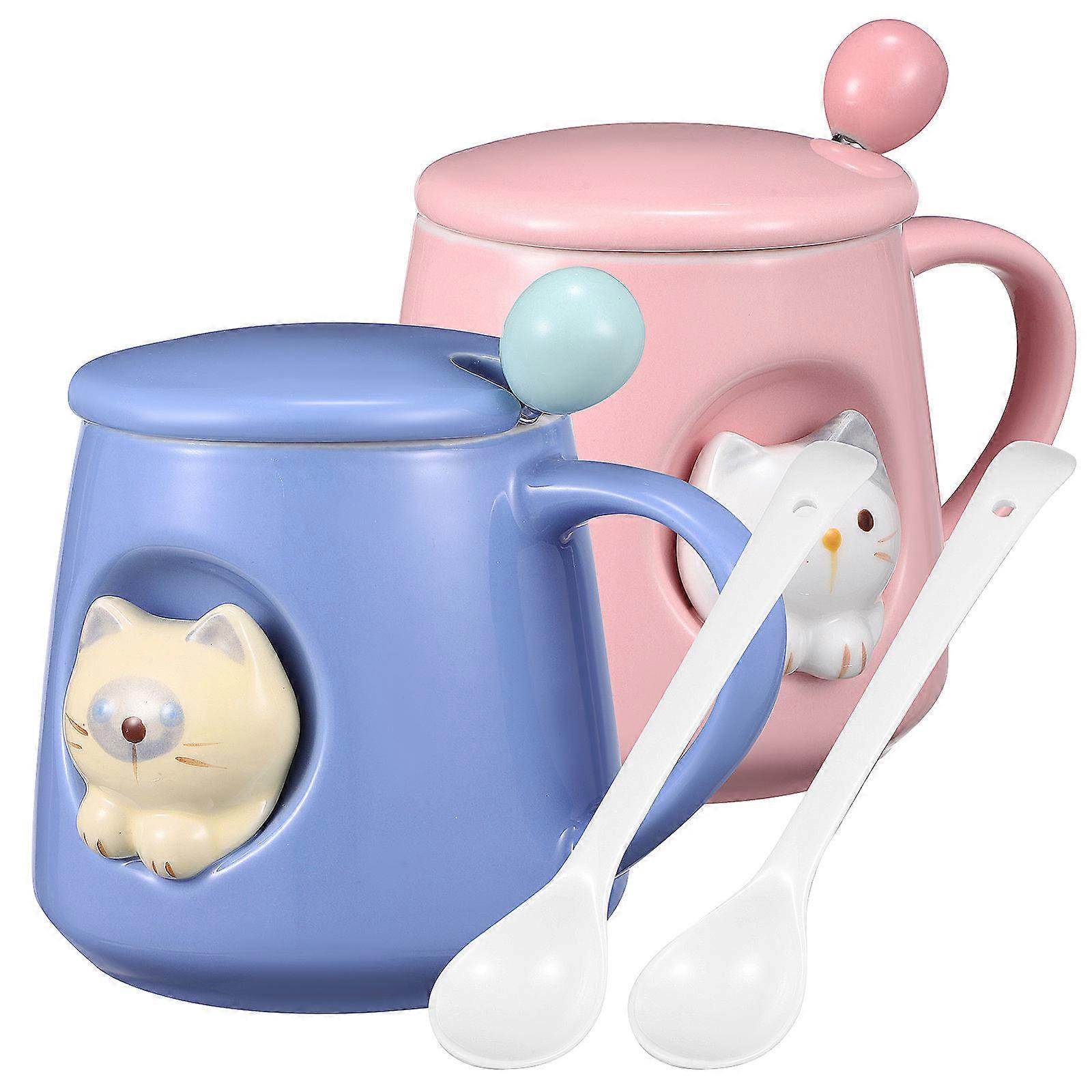 Animal Shape Drinkware Ceramic Mug 380Ml Best For Daily Use Adorable 3D Cat Shape Drinking Cup With Lid Spoon Cute Cups 2 Set