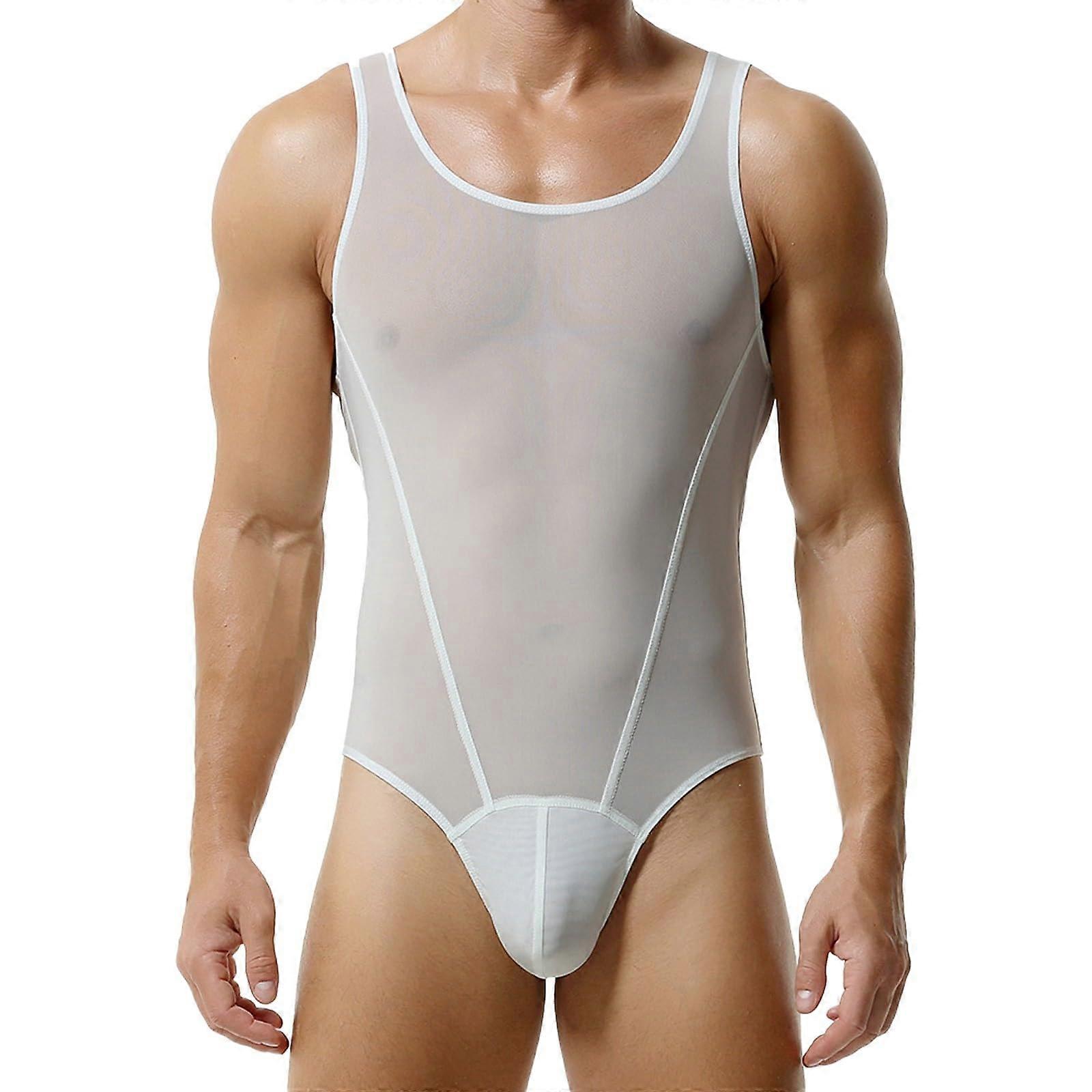 Men's Mesh Bodysuits UltraThin Jersey White Size M Cutout Transparent OnePiece Bodysuit Thong Lingerie