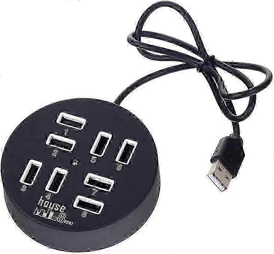 8-Port Multi-Data Transfer USB 2.0 Hub Round Multi-Port Distributor Adapter Suitable for Various Devices (Black)
