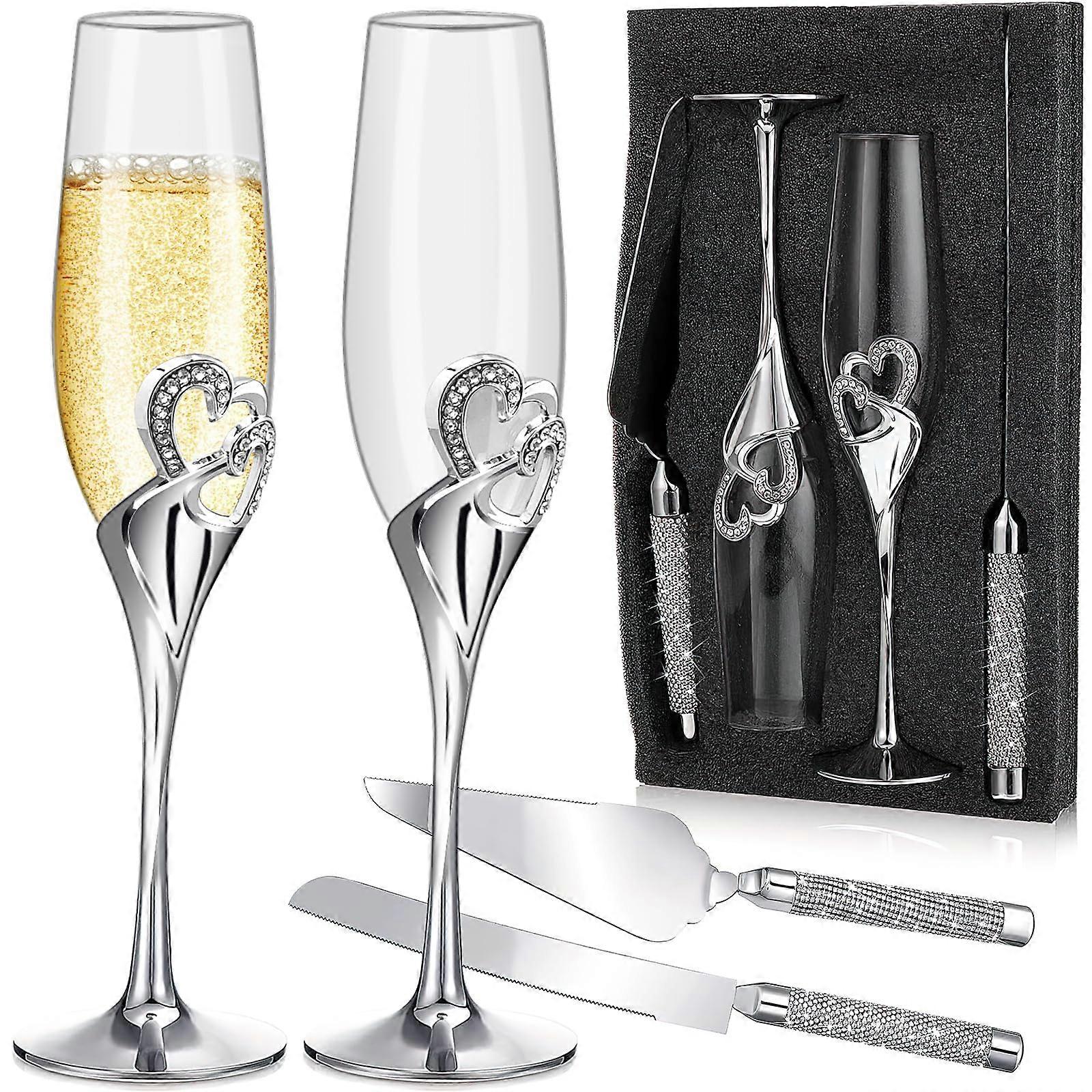 Champagne Flutes Wedding Gift Set, Engraved Silver Toasting Glasses with Rhinestone Hearts, Cake Knife and Server for Bride and Groom