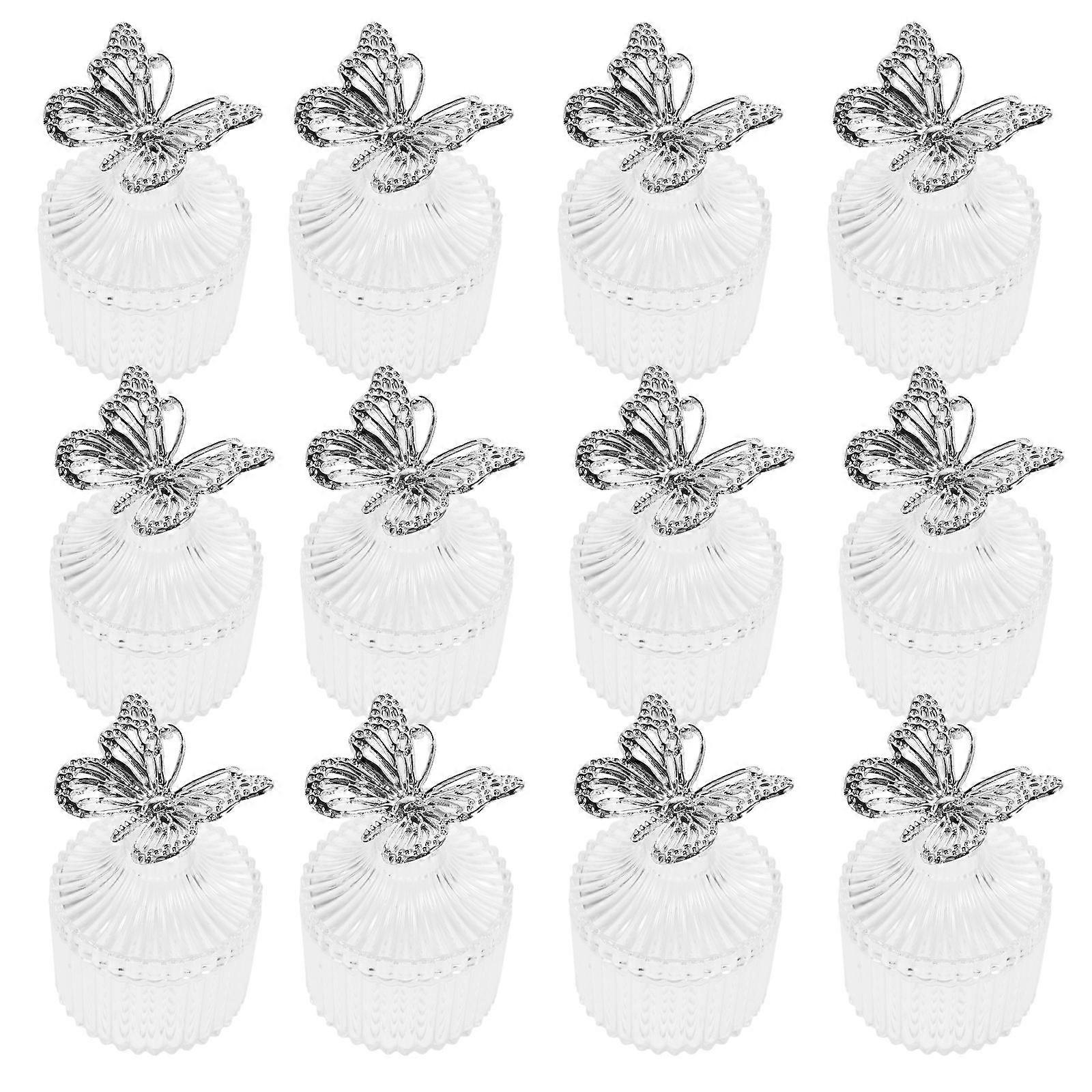 12pcs European Style Wedding Candy Boxes with Clear Round Plastic Containers and Electroplated Butterfly Lids – Elegant Party Favors for Bridal