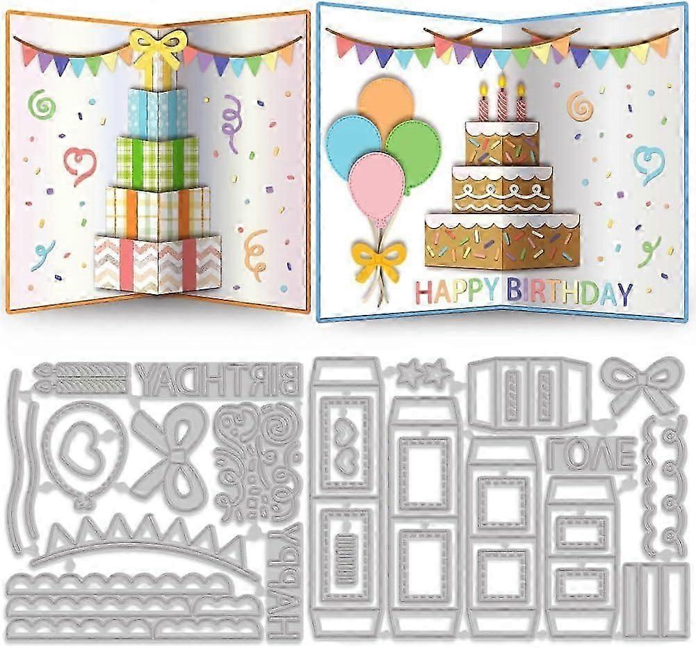 3D Pop-Up Gift Box Birthday Cutting Dies Cake Bow Candle Happy Birthday Pattern Metal Die Cuts for Card Making Carbon Steel Embossing for Photo Album