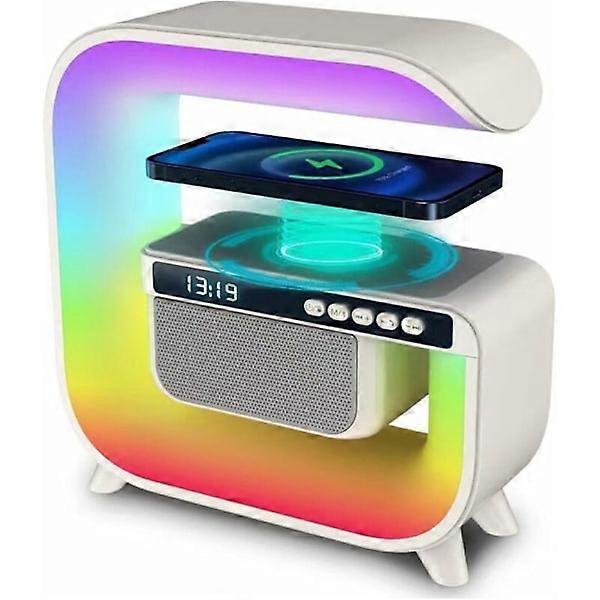 Atmospheric LED night light with wireless charger, portable Bluetooth speaker with 7 colors and alarm clock, wireless charging lamp