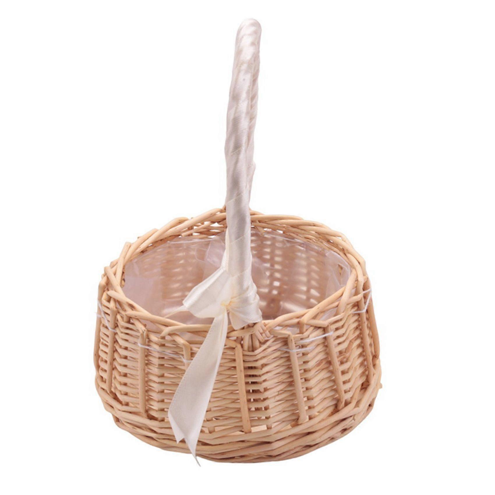 Wicker Woven , with Handle and White Ribbon, Wedding Flower Baskets, Garden Decoration(S)