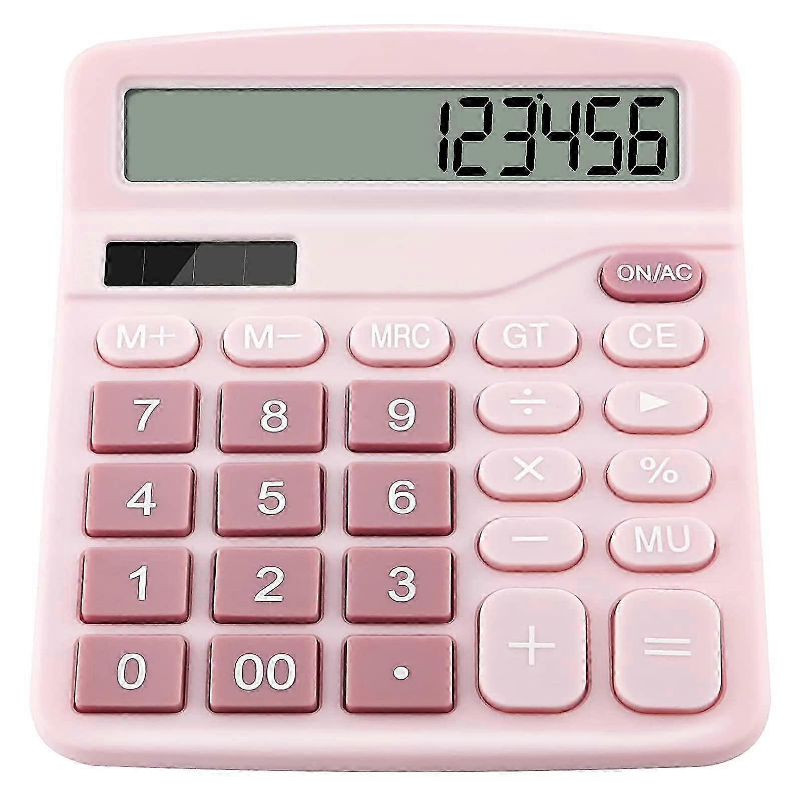 Calculators, 12 Digit Desk Calculator with Large Display and Big Button, Solar Battery Dual Power Office Calculator (Pink)
