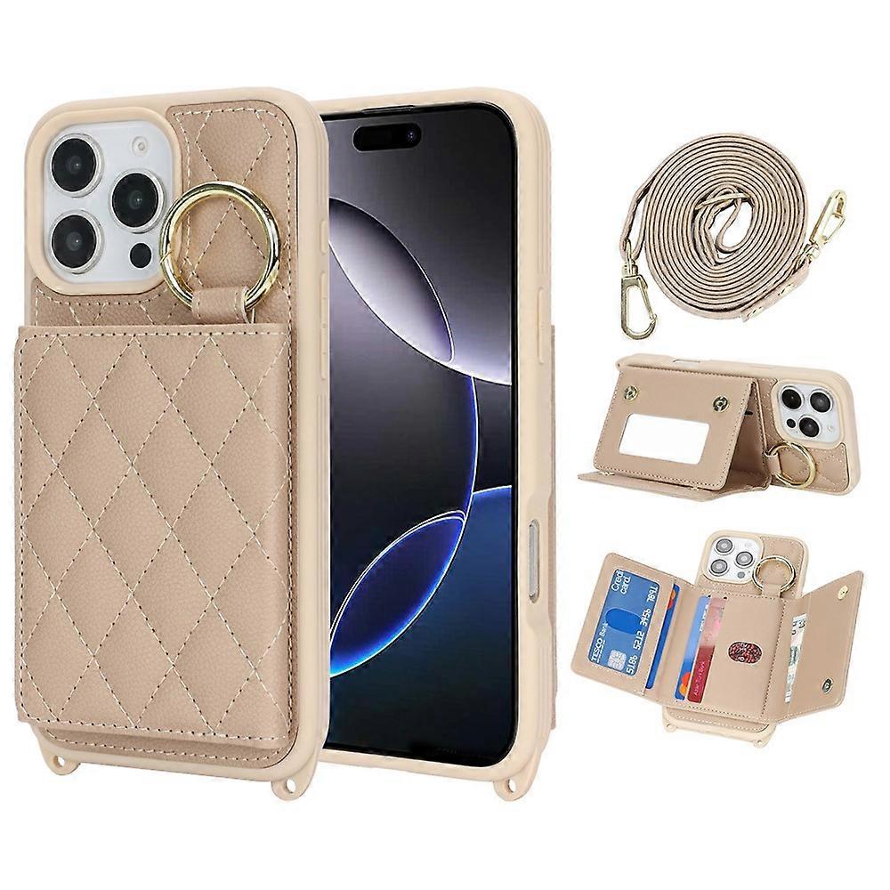 Compatible For iPhone 16 Pro Case with Lanyard / Mirror / Card Holder Grids Pattern RFID Phone Cover