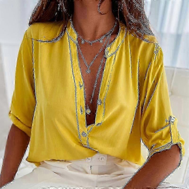 Ladies V Neck Shirt Tunic Tops Casual Basic Blouse Stand Collar Half Sleeve Shirts VCNMR