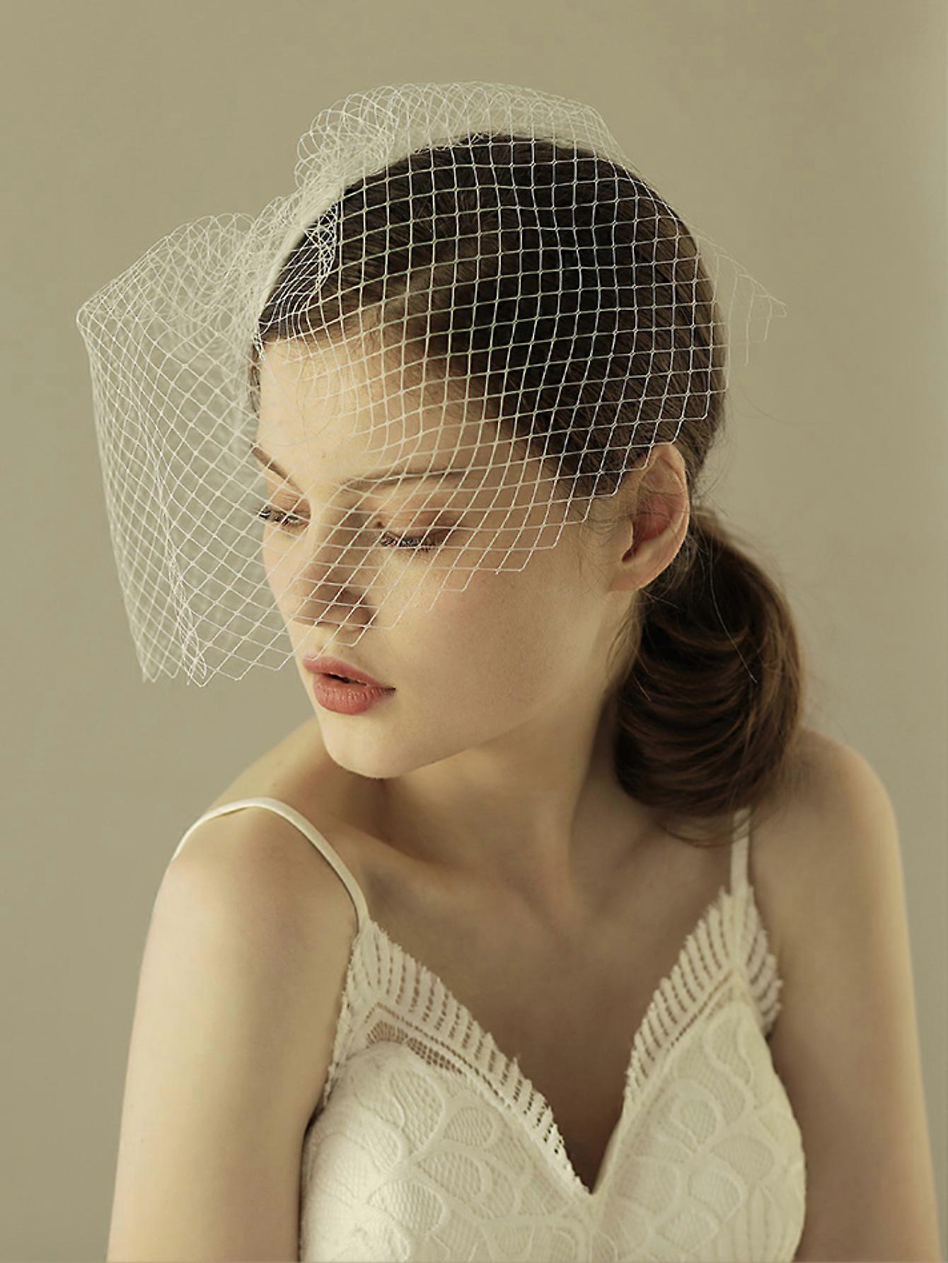Bridal Net Face Veil, White, Hand-sewn Hair Comb, Chunky Mesh, Full Coverage, Short