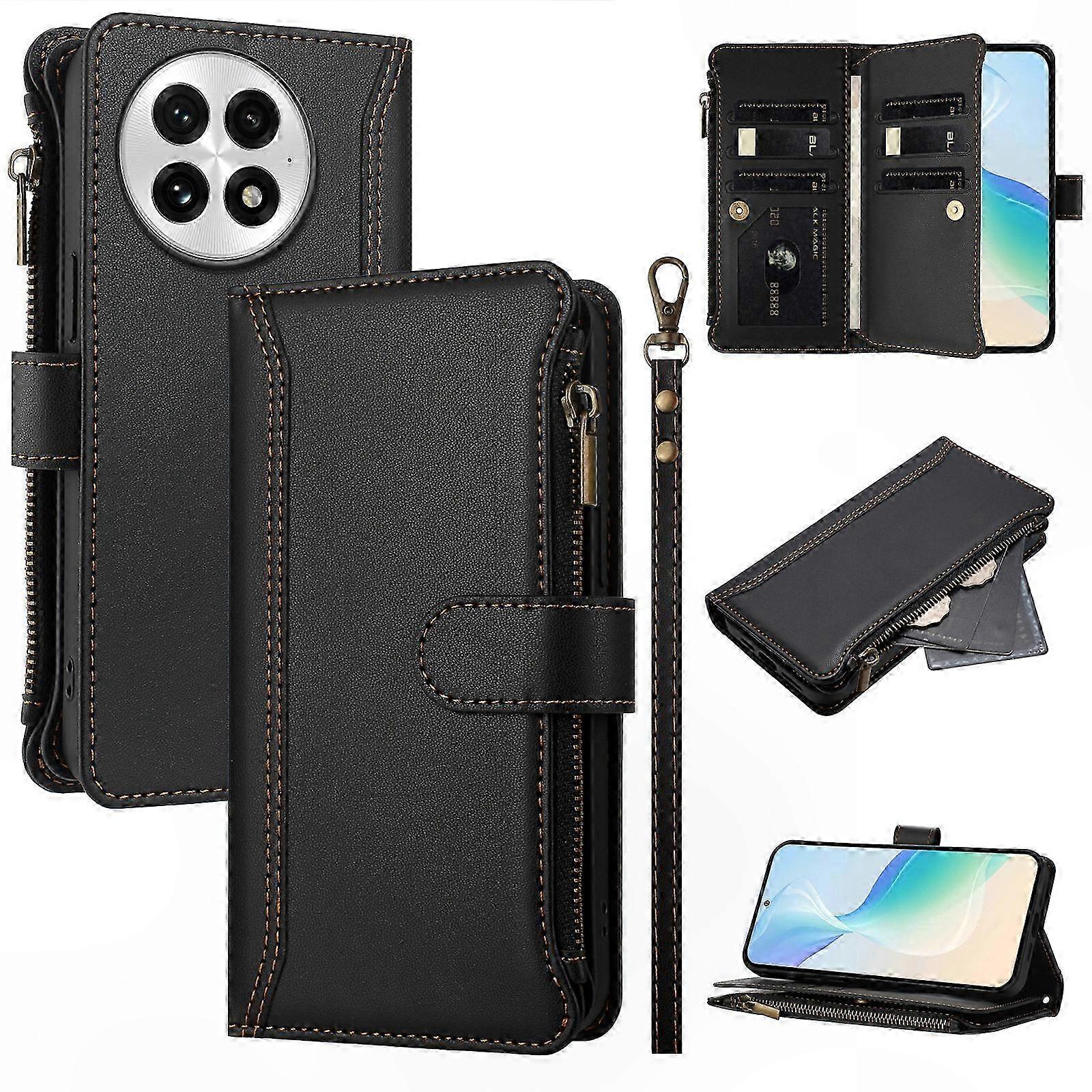 Leather Wallet Case with Card Slots and Wrist Strap for OnePlus 13 Phone Cover with Stand Function Zippered Design Premium Quality Protective Shell