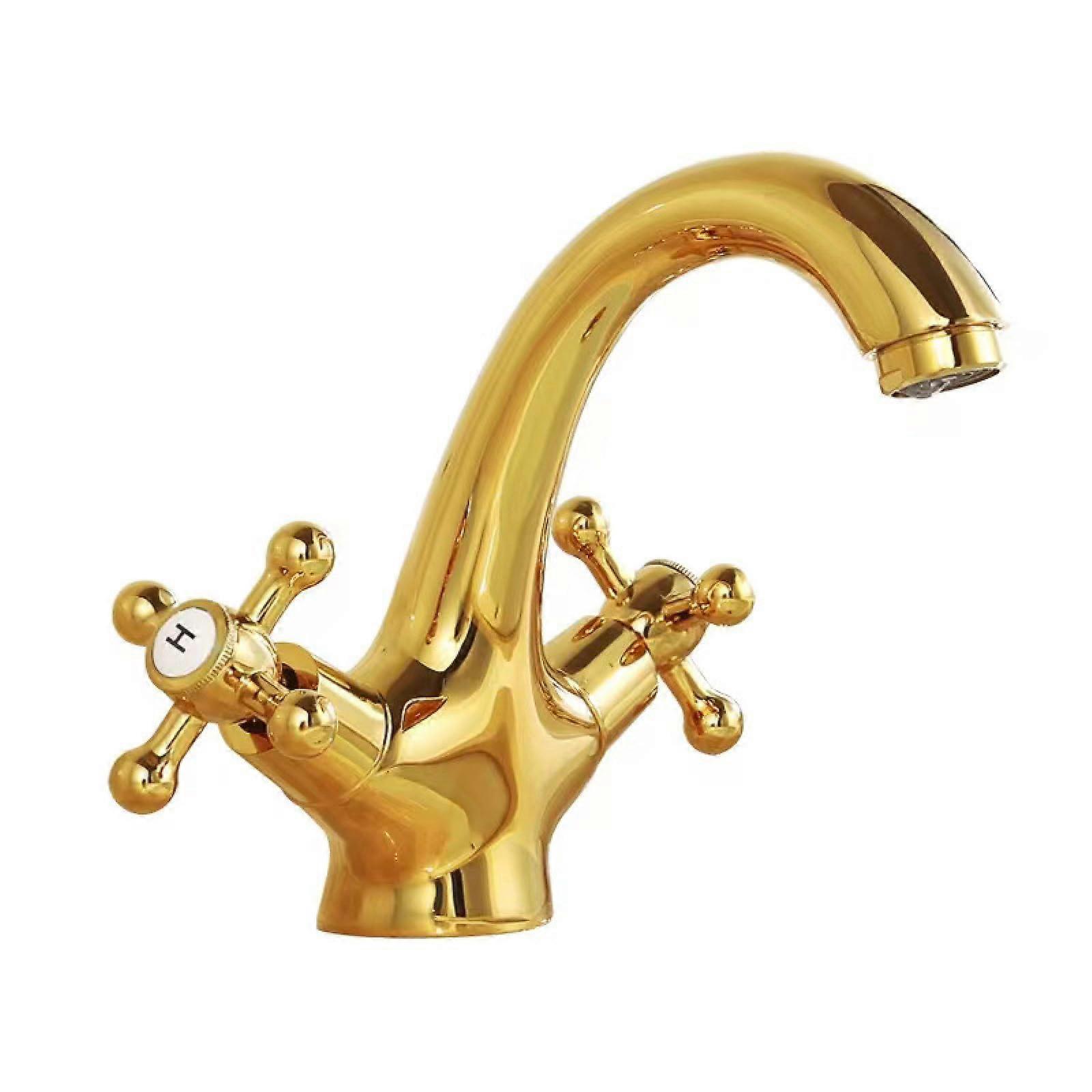 Basin Tap Mixer AllCopper Antique Gold Finish, Hot and Cold, Rotatable Undermount Basin Horn Faucet, Retro Style