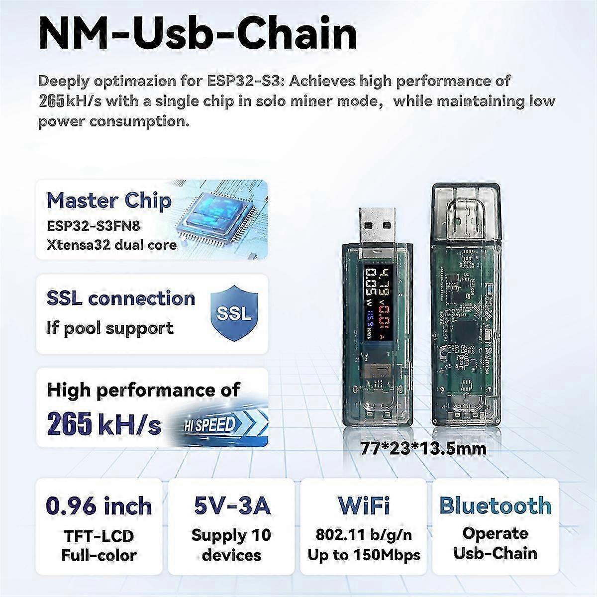 Miner 265KH/S USB Chain ESP32 Crypto Miner BTC Solo Lottery Miner Ammeter  USB Tester USB-