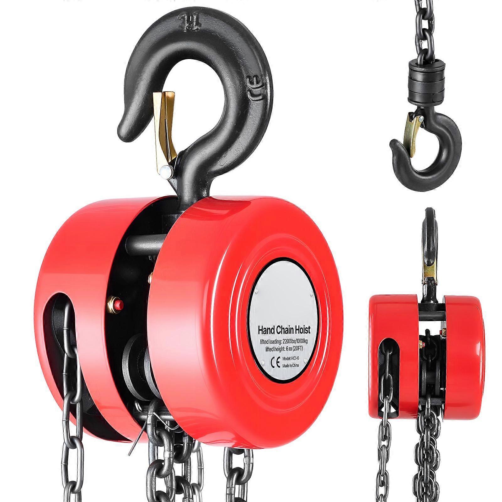 Hand Chain Hoist, 1 Ton Capacity, Manual Chain Block with Upgrade G70 Galvanized Chain, 6 m Lifting Height, Red