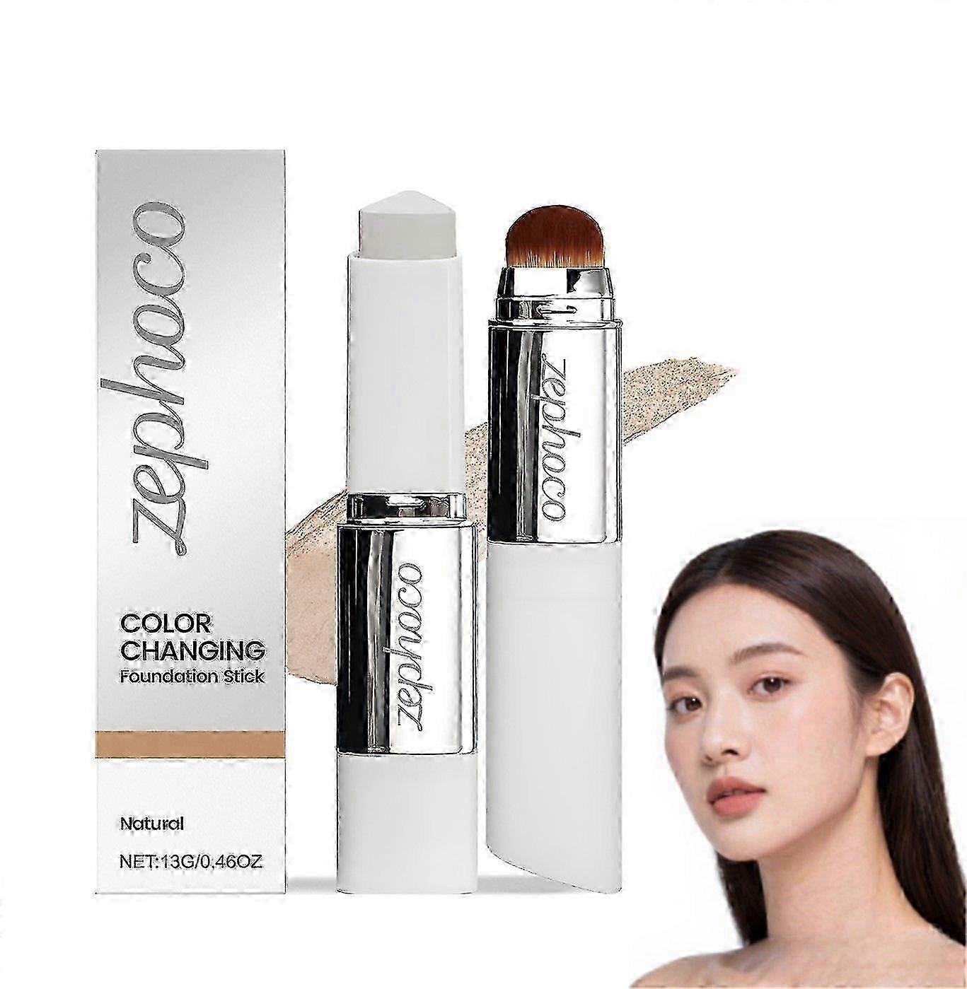 Color Changing Foundation Stick, Medium to Full Coverage Cream Stick Hydrating Makeup, Dual-Ended with Soft Brush for Flawless Look,Ch