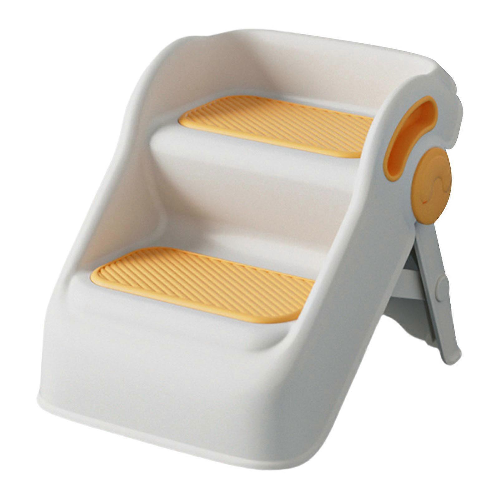 2 Level Kids Step Stool Not Slip Bathroom Stool Foldable Design Plastic Step Stool Safe Double Level Stool for Toddlers  White and yellow